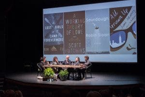 Ayn Gailey, (left), Jami Attenberg, Robin Sloan, Kim Fu, and Scott Hutchins at the Orcas Island Lit Fest in 2018.